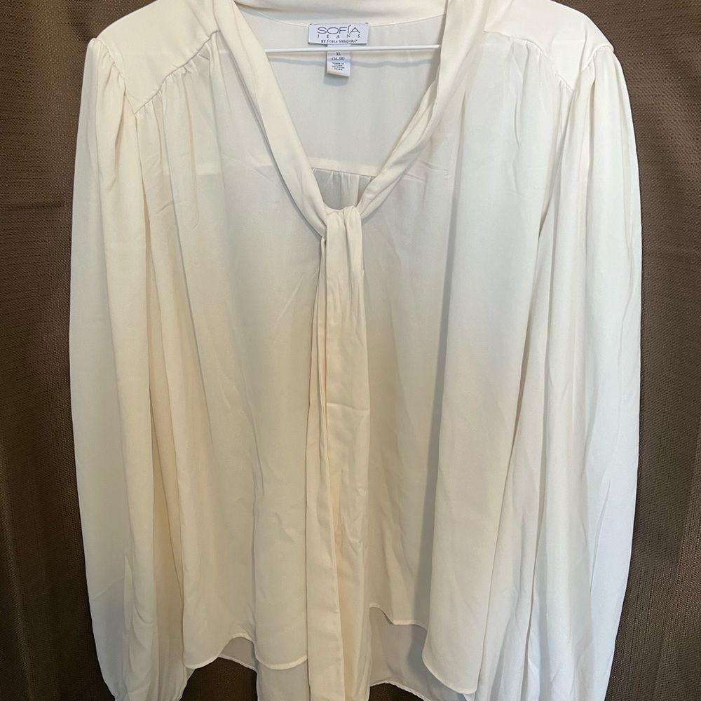 Ivory Tie-Neck Blouse - Women's Elegant Long-Sleeve Top